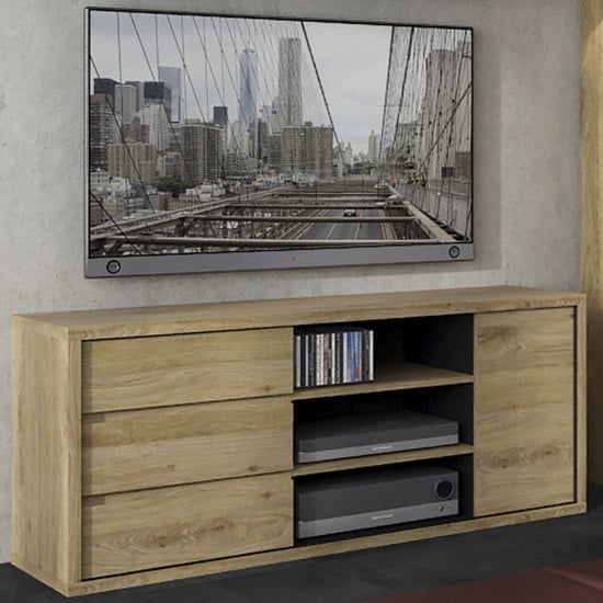 Read more about Sholka wooden tv stand in oak with 1 door and 3 drawers