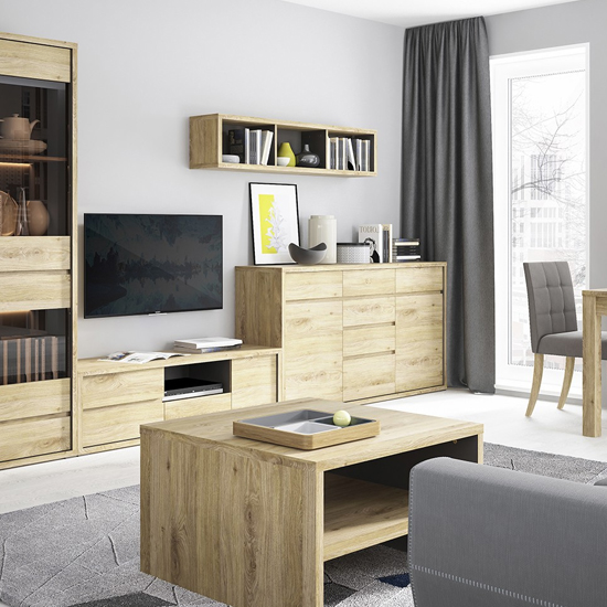 Sholka Wooden Wide Sideboard With 2 Doors And 6 Drawers In Oak