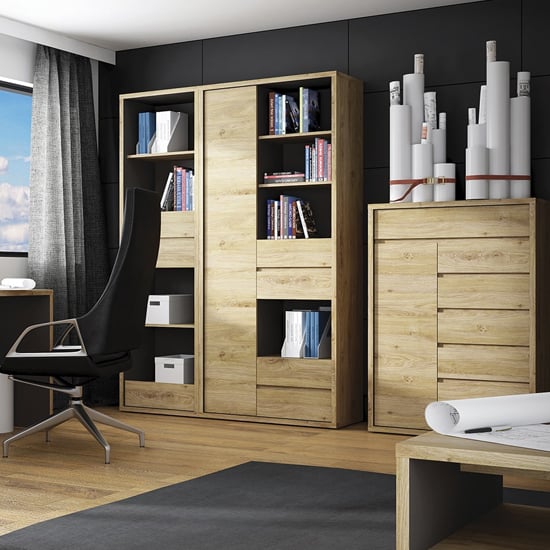 Sholka Wooden Narrow Bookcase With 3 Drawers In Oak