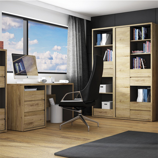 Sholka Wooden Wide Bookcase With 1 Door 4 Drawers In Oak