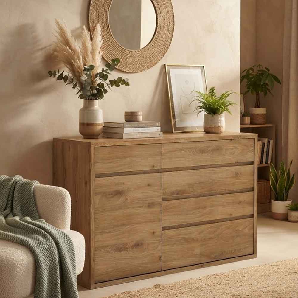 Sholka Wooden Sideboard With 1 Door And 5 Drawers In Oak