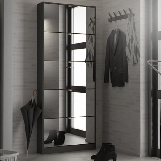 Shovy Mirrored Shoe Storage Cabinet With 5 Doors In Black