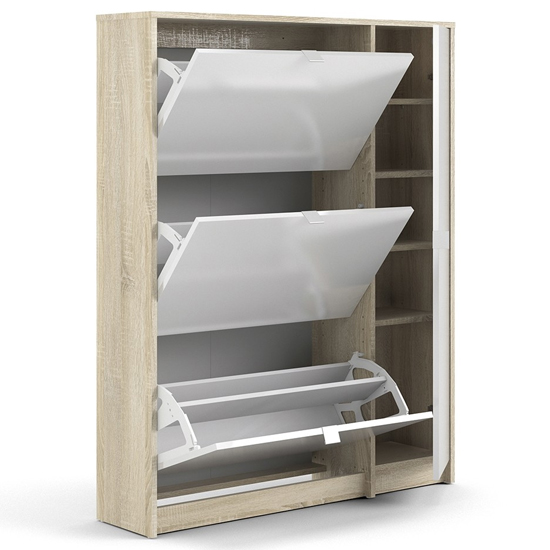 Shovy White High Gloss Shoe Cabinet In Oak With 4 Doors 2 Layers_3