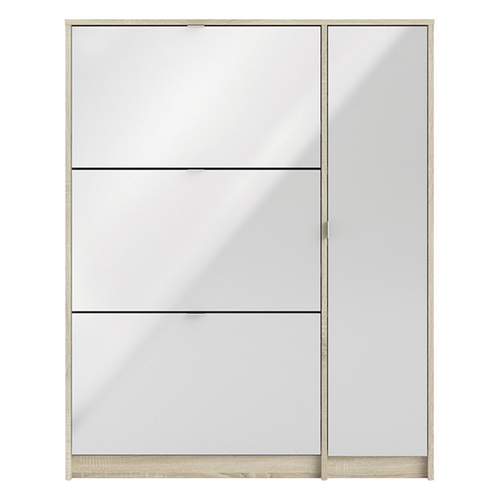 Shovy White High Gloss Shoe Cabinet In Oak With 4 Doors 2 Layers_4