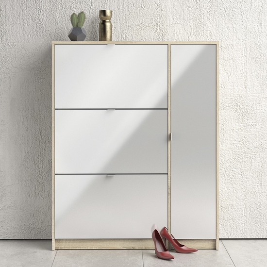 Photo of Shovy white high gloss shoe cabinet in oak with 4 doors 2 layers