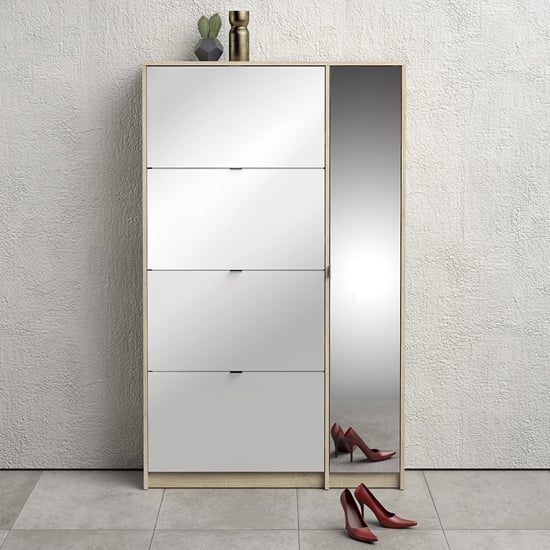Shovy White High Gloss Shoe Cabinet In Oak With 5 Doors 2 Layers_1