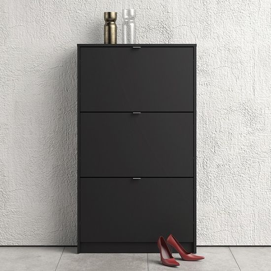 Product photograph of Shovy Wooden Shoe Cabinet In Matt Black With 3 Doors And 1 Layer from Furniture in Fashion