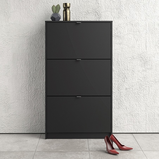 Photo of Shovy wooden shoe cabinet in matt black with 3 doors and 2 layer