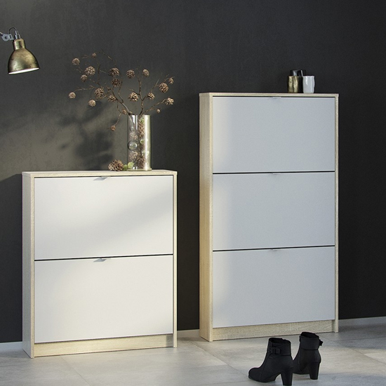 Shovy Wooden Shoe Cabinet In White And Oak With 2 Doors 1 Layer_3