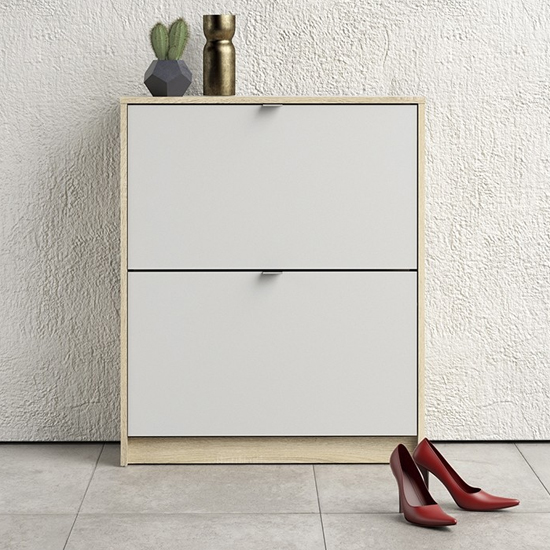 Photo of Shovy wooden shoe cabinet in white and oak with 2 doors 2 layers