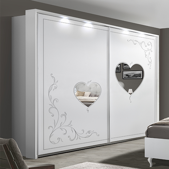 Sialkot Mirrored Wooden Sliding Wardrobe In White With LED Furniture