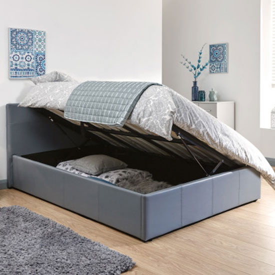 Side Lift Ottoman Faux Leather King Size Bed In Grey Sale
