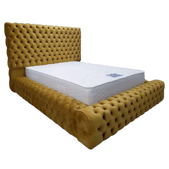 Photo of Sidova plush velvet upholstered double bed in mustard