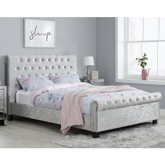 Sienna Fabric King Size Bed In Steel, Grey Crushed Velvet Headboard King Size