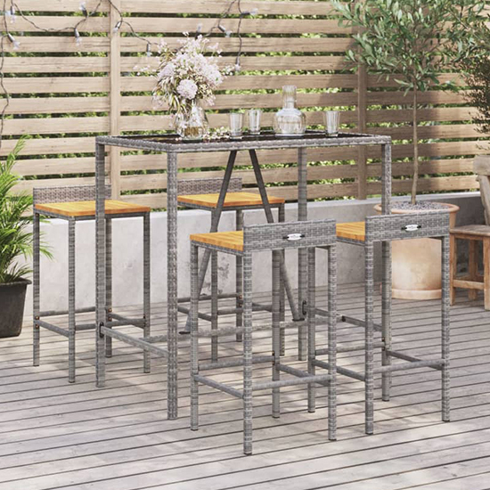 Sierra Solid Wood 5 Piece Garden Bar Set In Grey Poly Rattan