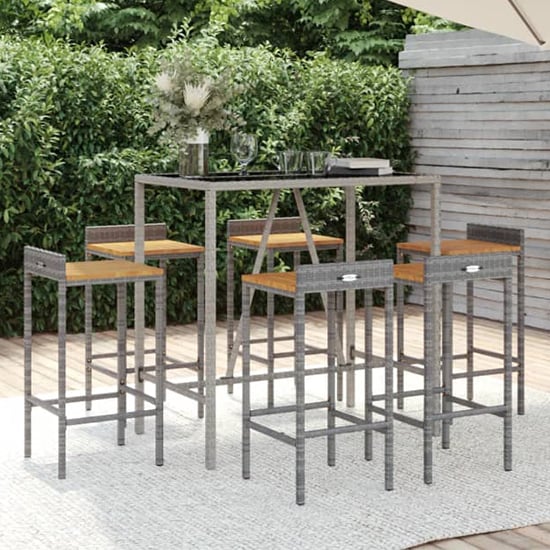 Product photograph of Sierra Solid Wood 7 Piece Garden Bar Set In Grey Poly Rattan from Furniture in Fashion
