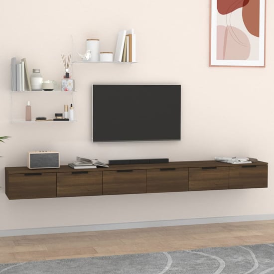Sierra Wall Hung Wooden TV Stand With 6 Drawers In Brown Oak