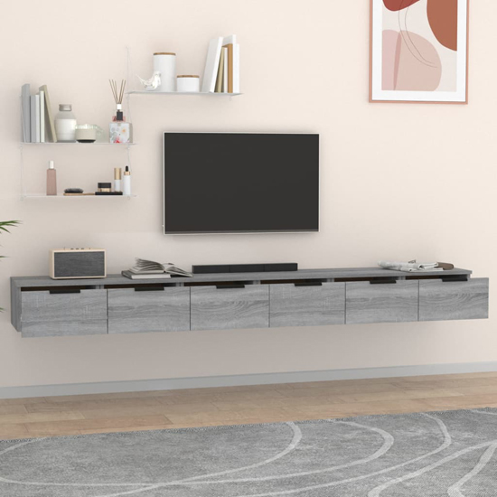 Sierra Wall Mounted Wooden TV Stand With 6 Drawers in Grey Oak