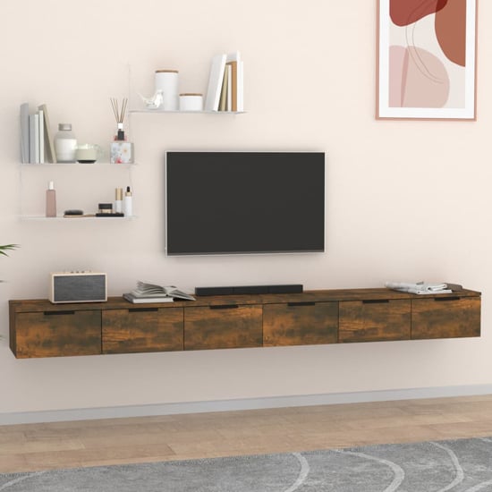 Product photograph of Sierra Wall Hung Wooden Tv Stand With 6 Drawers In Smoked Oak from Furniture in Fashion