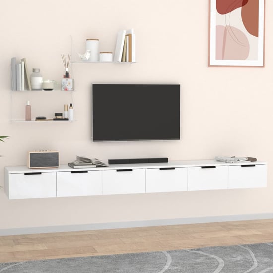 Product photograph of Sierra Wall Hung Wooden Tv Stand With 6 Drawers In White from Furniture in Fashion