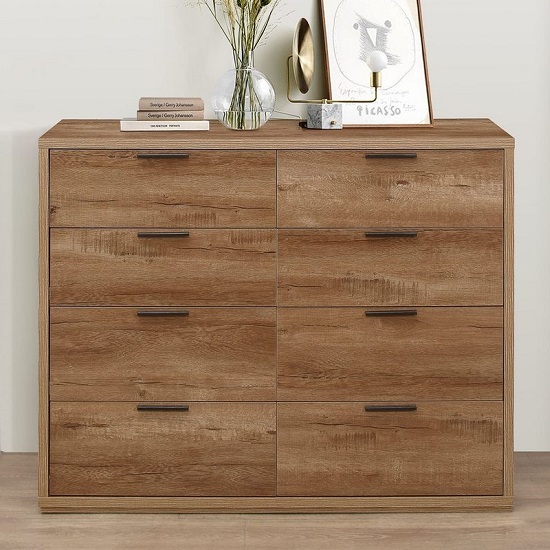 Silas Chest Of Drawers Wide In Rustic Oak Effect With 8 Drawers