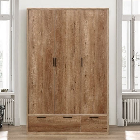 Silas Wooden Wardrobe Wide In Rustic Oak Effect With 3 Doors_2
