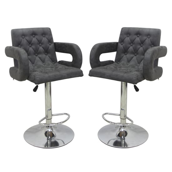 Product photograph of Silvis Adjustable Grey Plush Velvet Bar Stools In Pair from Furniture in Fashion