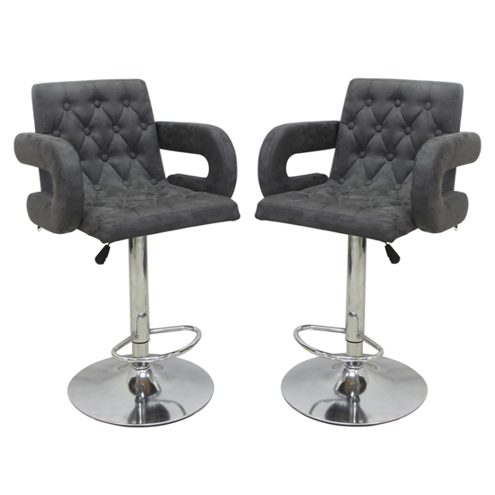 Silvis Adjustable Grey Plush Velvet Bar Stools In Pair