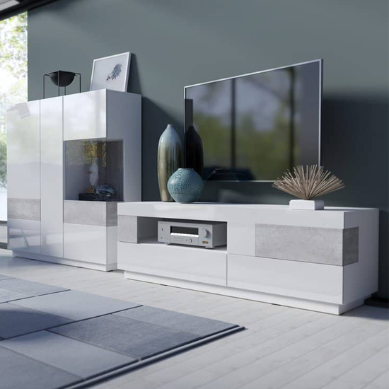 Silvis Gloss Display Cabinet Left In White Concrete Grey And LED