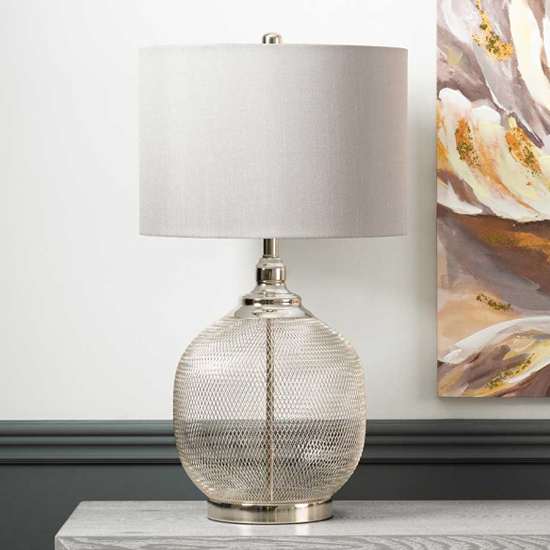 Photo of Silvis grey shade table lamp with chrome wire mesh base