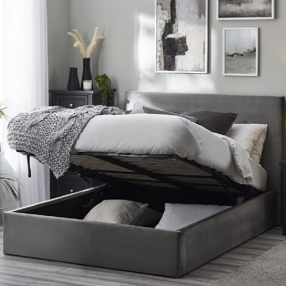 Silvis Velvet Storage Ottoman Double Bed In Grey