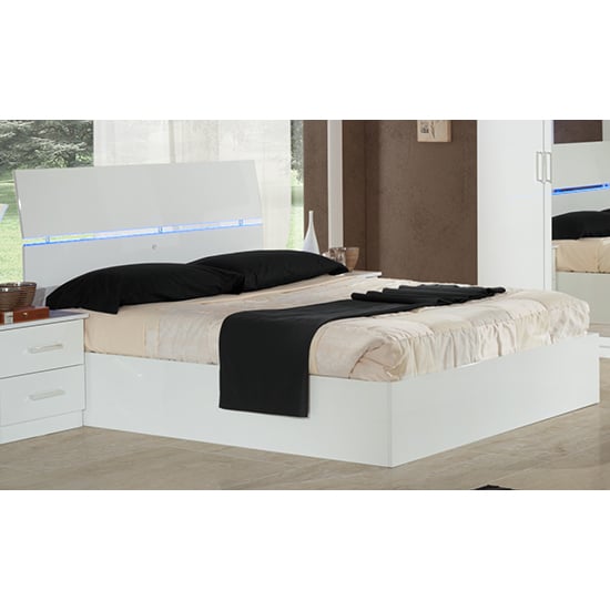 Simona High Gloss Storage King Size Bed In White With LED