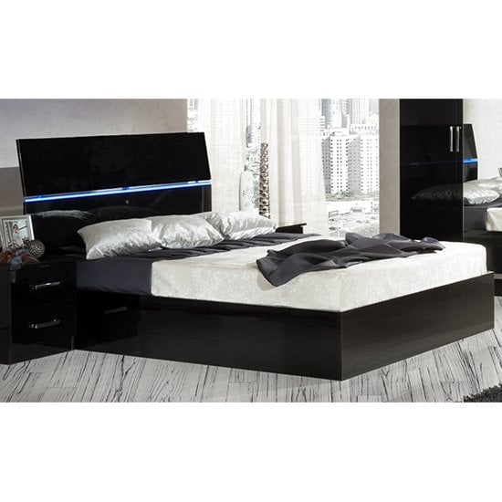 Simona High Gloss Super King Size Bed In Black With LED