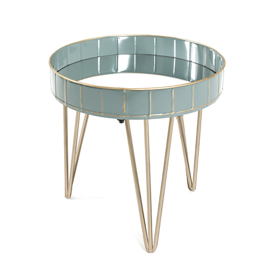 Simons Round Mirrored Side Table In Blue With Gold Metal Legs