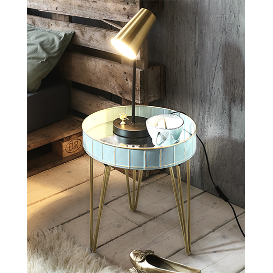 Read more about Simons round mirrored side table in blue with gold metal legs