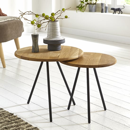 Product photograph of Simons Set Of 2 Wooden Side Tables In Oak With Black Metal Legs from Furniture in Fashion