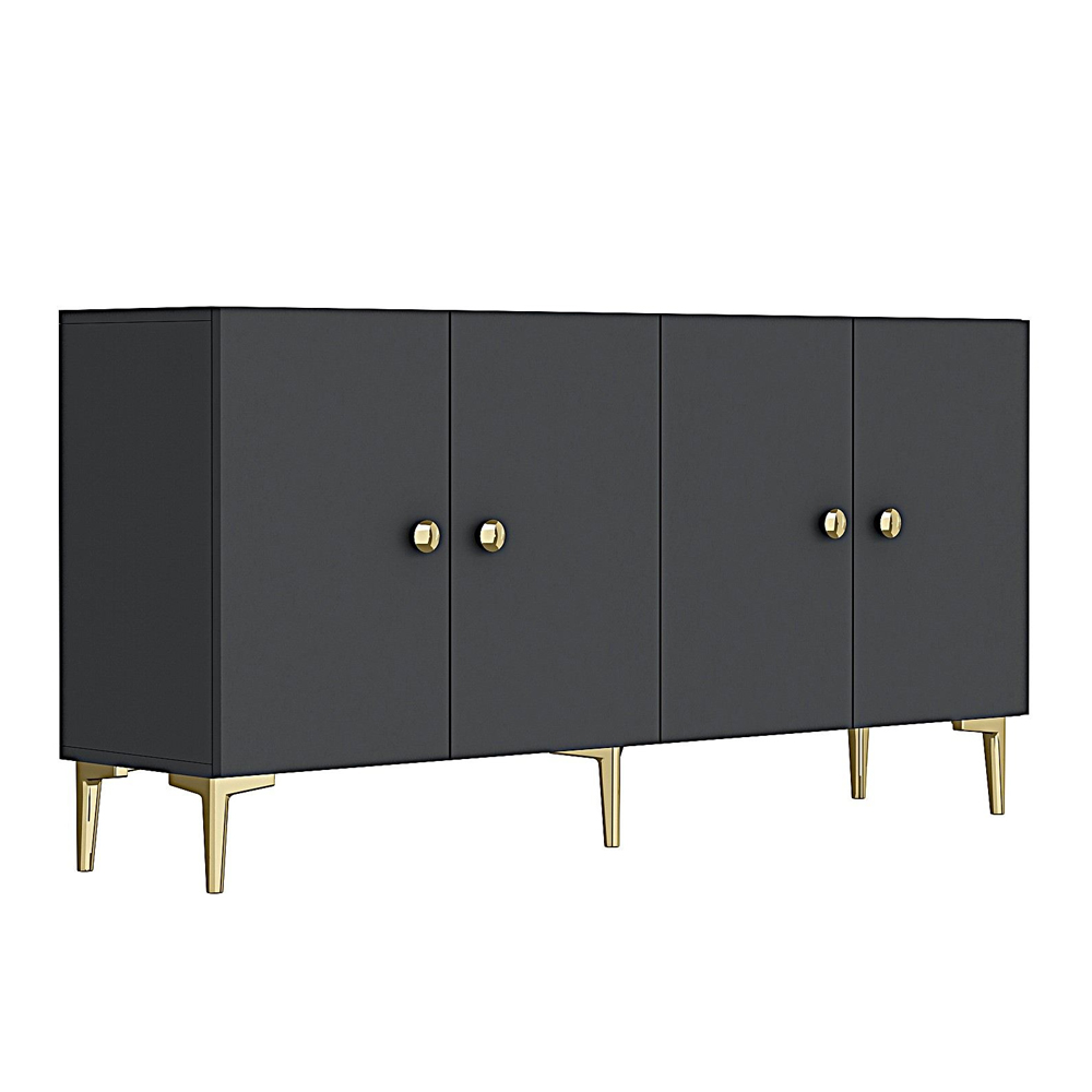 Simple Wooden Sideboard with 4 Doors in Anthracite and Gold