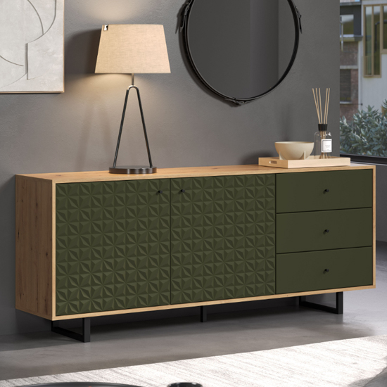 Sion Sideboard With Dark Green 2 Doors 3 Drawers In Artisan Oak