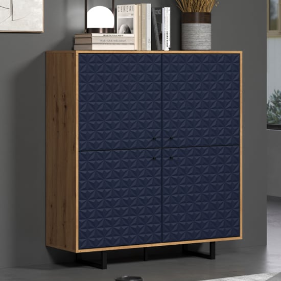 Product photograph of Sion Wooden Highboard With 4 Dark Blue Doors In Artisan Oak from Furniture in Fashion
