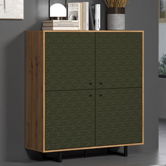 Product photograph of Sion Wooden Highboard With 4 Dark Green Doors In Artisan Oak from Furniture in Fashion