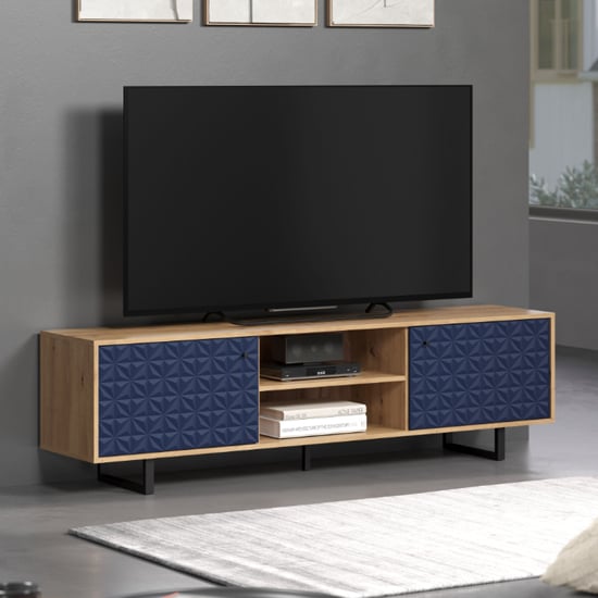 Sion Wooden TV Stand With 2 Dark Blue Doors In Artisan Oak