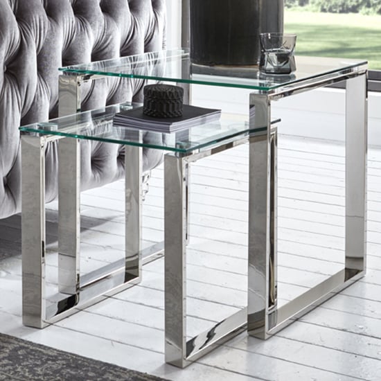 Photo of Sioux clear glass nest of 2 tables with stainless steel legs