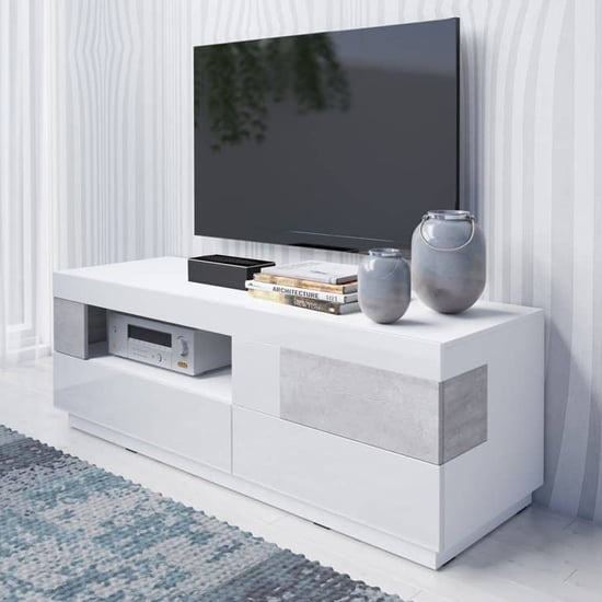 Product photograph of Sioux High Gloss Tv Stand 1 Door 2 Drawers In White Concrete from Furniture in Fashion