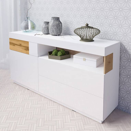 Product photograph of Sioux High Gloss Sideboard 1 Door 3 Drawers In White And Oak from Furniture in Fashion