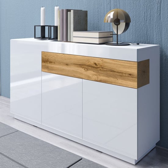Product photograph of Sioux High Gloss Sideboard 3 Doors 1 Drawer In White And Oak from Furniture in Fashion