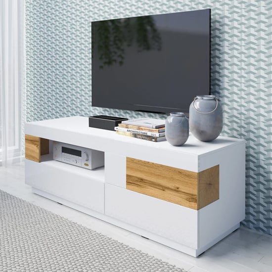 Product photograph of Sioux High Gloss Tv Stand 1 Door 2 Drawers In White And Oak from Furniture in Fashion