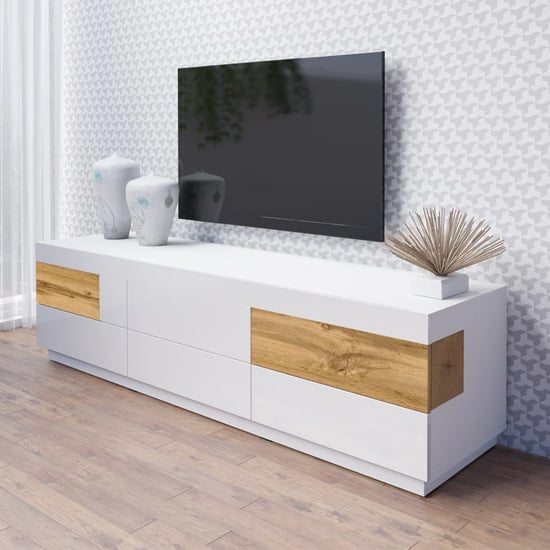Product photograph of Sioux High Gloss Tv Stand With 6 Drawers In White And Oak from Furniture in Fashion