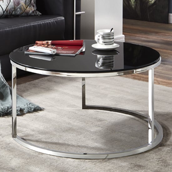 Sioux Large Round Black Glass Coffee, Black Glass And Chrome Lamp Table