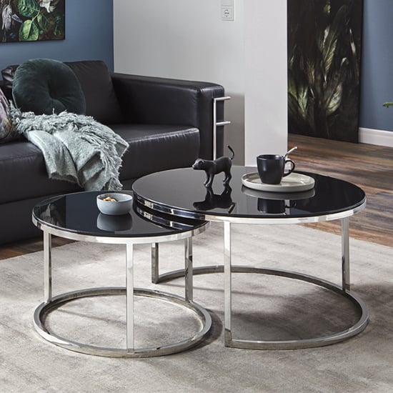 Sioux Round Set Of 2 Black Glass Coffee Tables With Chrome Legs_1