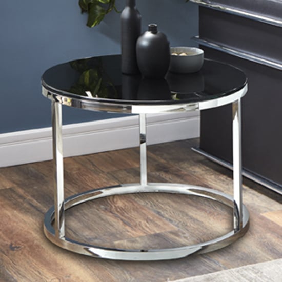 Product photograph of Sioux Small Round Black Glass Coffee Table With Chrome Legs from Furniture in Fashion